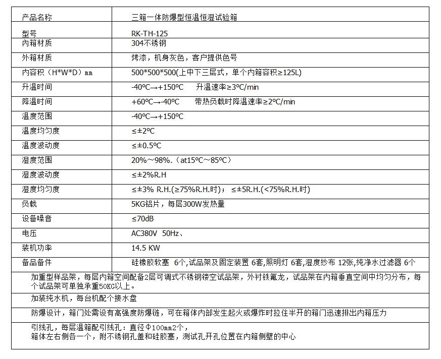 三箱一體防爆型恒溫恒濕試驗箱參數